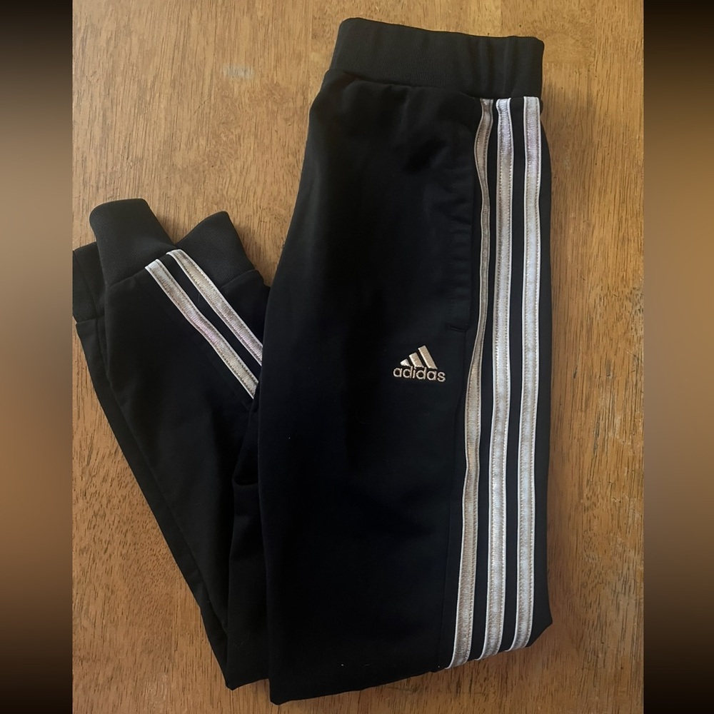 Adidas Kids Black Joggers with Silver/pink Stripes